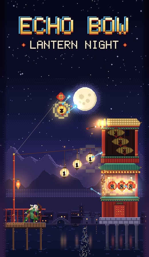 Echo Bow: Lantern Night cover: the title in gold pixel letters over a full moon, fire arrows lighting lanterns on a red pagoda